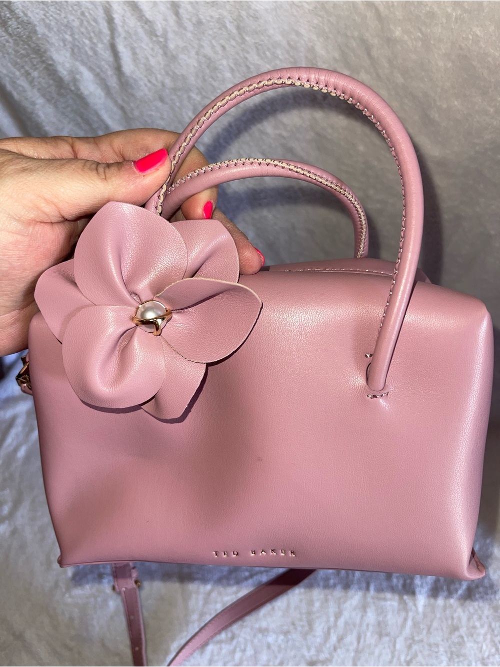 Ted Baker Blush Pink Leather Flower Hand or Shoulder Bag EUC